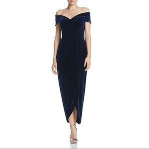 Aqua Off-the-Shoulder Navy Blue Velvet Formal Gown